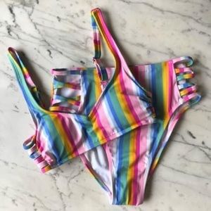 Rainbow Striped High Waisted Bikini